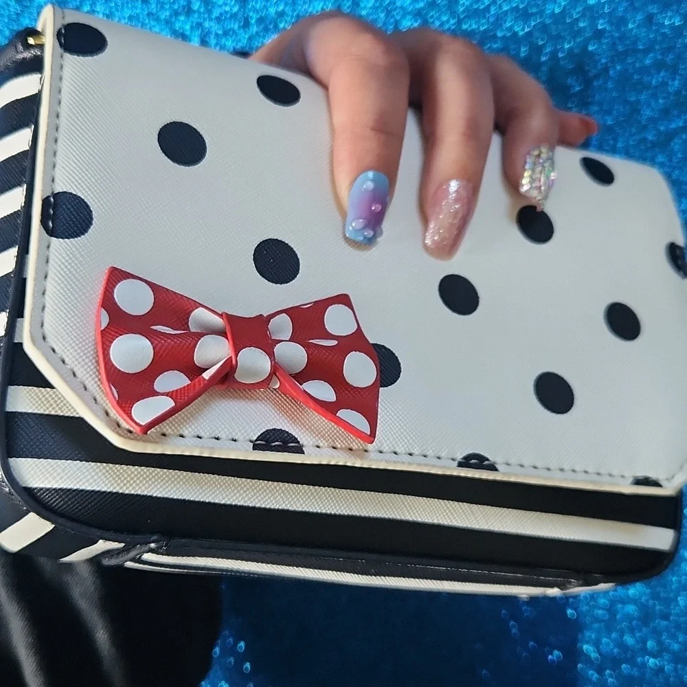 Disney Parks Crossbody Purse Handbag Black White Dots Stripes Minnie Mouse Bows